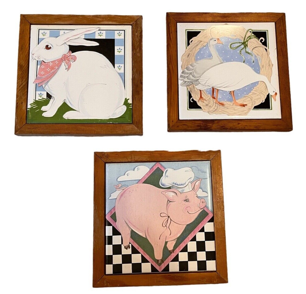 Vintage Vandor 1981 7” x7” Trivets set of 3 Bunny, Pig, Goose Pelzman Framed